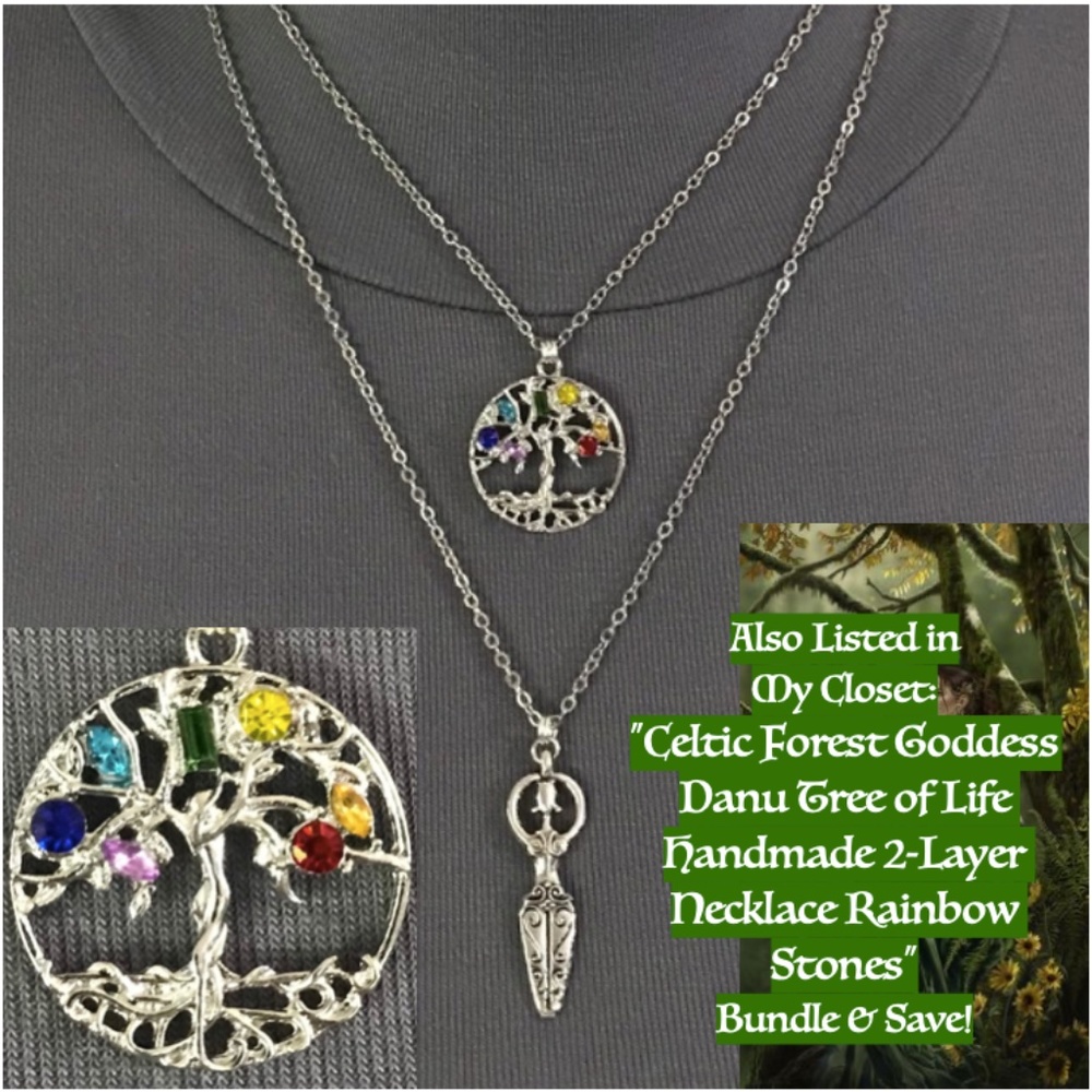 Danu Celtic Forest Goddess Handmade Necklace, Gold Tree, Green Druzy Moon, Crown - Picture 15 of 15